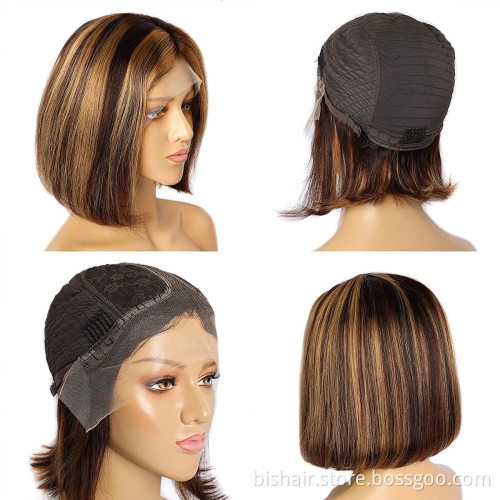 Glue-free highlight short Bob wig Brazilian straight hair 4/27 Gradient brown honey blond hair Lace front real human hair wig